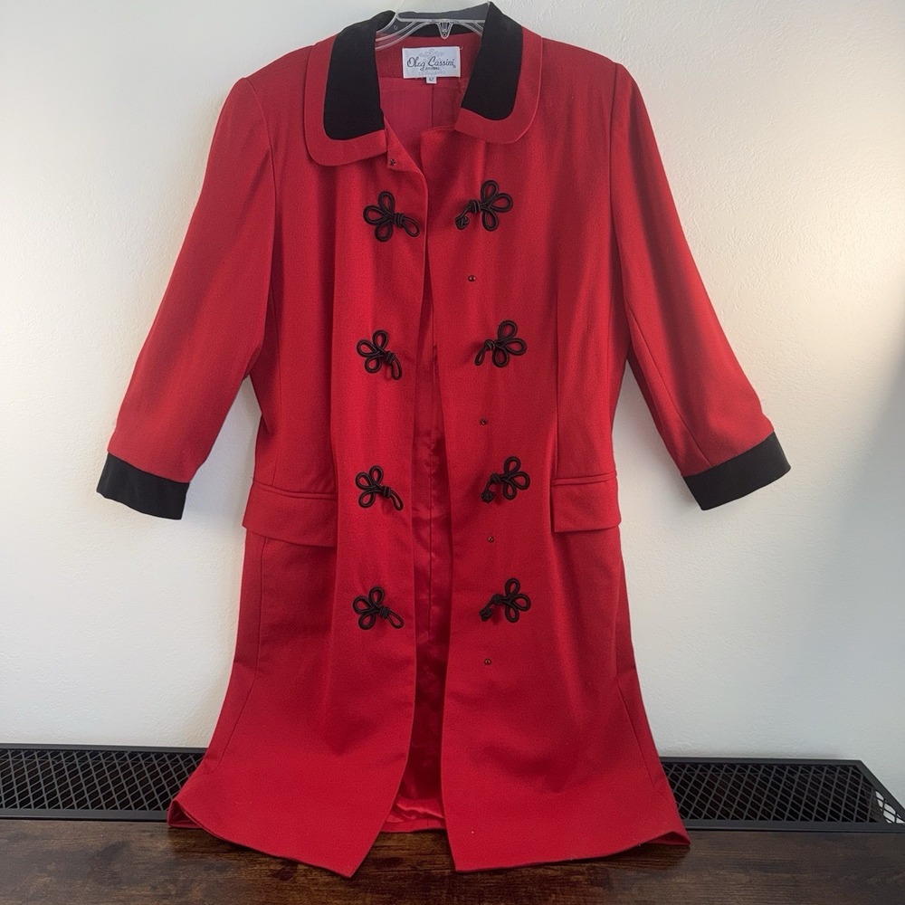 VTG Oleg Cassini Studio Red Wool Coat Dress Sz 12 Black Velvet Trim **See Pics**